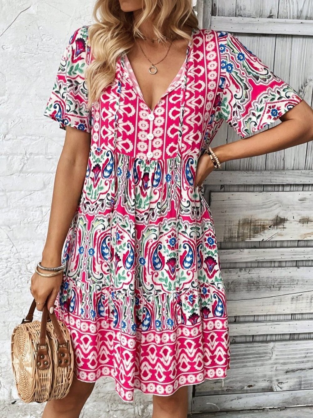 Multicolor Boho Women's Tied Leisure Vacation Dress With Doll Floral Pattern